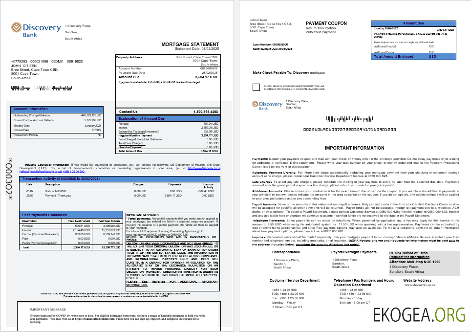 Relevé hypothécaire de la banque Discovery en Afrique du Sud aux formats Word et PDF 1 , 2